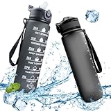 Deutsch Wasserflasche, Wasserflasche 1L mit Strohhalm und motivierender Zeitmarkierung, Tritan BPA freie Sport-Wasserflasche, Trageriemen auslaufsicher, Fitnessstudio oder Outdoor（Schwarz und Weiß）