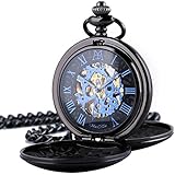 ManChDa® Klassiker Taschenuhr Retro-Zifferblatt mit römischen Ziffern Steampunk Skelett Mechanisch Zarte Bewegung für Männer Frauen mit Kette (Schwarz) + Geschenk-Box