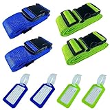 Nutabevr 4 Stück Koffergurt mit 4 Stück Gepäckanhänger Set, rutschfest Einstellbare Kofferbänder mit Adressschild Kreuzgurt Koffer Zubehör, für Schnell erkennen Gepäck Reisetasche Koffer