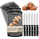 Gifcomda Frühstücksbrettchen 6er Set mit 6er Steakmessern, 25x15cm Kleines Dunkelgrau Frühstücksbrettchen Kunststoff Set, BPA frei, Antibakteriell, Rutschfest mit Saftrille, Spülmaschinenfestes