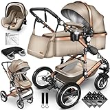 KIDUKU® 3 in 1 Kinderwagen XXL Komplettset | Kombikinderwagen Set inkl. Babywanne Buggy Sportsitz & Auto-Babyschale Fußsack | Vollgummireifen Wickeltasche Handwärmer Regenschutz Kindertisch ECE R129