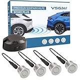 VSG24 Premium Einparkhilfe hinten zum nachrüsten am Auto, PDC Parksensoren hinten mit Stecksystem für einfachste Montage Rückfahrwarner mit Lautsprecher & 4 Sensoren Parkhilfe Nachrüstsatz Silber