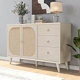 Azkoeesy Rattan Sideboard Kommode mit 2 Rattan-Türen und 3 Schubladen, 120 x 40 x 82 cm, Buffet Küchenschrank Gartenmöbel für Wohnzimmer (Offwhite)