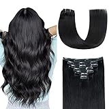 AGMITY Clip in Extensions Echthaar Tief Schwarz 40cm 7 Stück 120g 100% Echtes Remy Echthaar Unsichtbar Gerade Glatt Nahtlos Doppelt Genäht Clip in Haarverlängerung (40cm #1 Tief Schwarz)