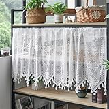 Scheibengardinen Transparent mit Stickerei Landhausstil Kurzgardine Boho Kurze Hohle Stickerei Vorhänge, Küchengardinen für Esszimmer Badezimmer Klein Fenster (1 Stüick, BxH 130x60 cm,Weiß)