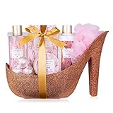 accentra - Geschenkset Frauen A moment for you Jasminduft - Luxury Beauty Set mit Duschgel, Badesalz, Bodylotion, Scrub & Netzschwamm etc. – 9-Teiliges Bade Set für Frauen mit Glitzer Keramik-Pump