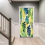 95 x 215 cm Türtapeten 3D selbstklebend, Aquarellzeichnung Tropischer Blätter (Einfach) Türposter Türaufkleber wasserdicht abnehmbar Vinyl Türfolie Fototapete DIY Wandbild für Schlafzimmer, Blau Gelb