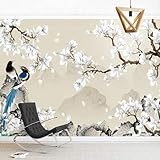 Tzxztt Dreidimensional Äste Weiß Blumen Vögel Moderne 3D Tapete Hochwertige Strukturierte Seide Neutrale Material Ideal Für Wohnzimmer Schlafzimmer-300cm×210cm
