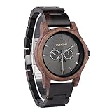 HUTAOMU Holzuhren für Herren mit Mondphase, Tag und Datum, natürliches Ebenholzband mit Walnusslünette, japanisches Quarzwerk, analoger Chronograph, Sport-Armbanduhr, Schwarz, Lässiger Business-Sport