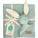 DIKOS® Original Babydecke SCHMUSE-HASE Mint | GOTS Bio-Baumwolle Neugeborenen Decke Strickdecke mit Kuscheltier für Mädchen/Jungen | Kuscheldecke Schmusedecke Baby Erstausstattung Geschenk zur Geburt