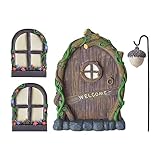 Cozlly Gartendeko Wichteltür, 4 Stück Miniatur Gartendeko mit Feentür, Fenster und Lampe, Harz Elfentür Hängende, Glow in The Dark Miniatur Feentür für Outdoor Bäumedekoration Patio Yard Deko