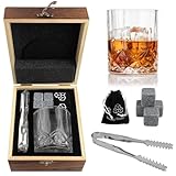 Ghazpmuk Whisky Gläser Set, Whisky Steine Set, Whiskey Geschenke für Männer, Whiskey Set Geschenk Mit 4 Whiskey Steine, 1 Whiskey Gläser, Eiszange, Untersetzer, Samtbeutel, für Geburtstag Vatertag