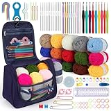 Aeeque Häkelnadel Set mit 15 Wolle, Häkelset für Anfänger Erwachsene Kinder, Häkel Set mit Ergonomisch Häkelnadel zum Häkeln Schals, Pullover, Decke, Bunte Crochet Set mit Häkeltasche, Zubehör