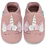 IceUnicorn Lauflernschuhe Baby Krabbelschuhe Lederschlappen Babys Jungen Mädchen Weicher Lederpuschen(Hellrosa Einhorn, 12-18 Monate)