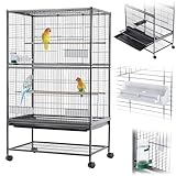 KADAX Vogelvoliere 79 x 52 x 133 cm, Vogelkäfig auf Rollen mit Sitzstangen, Futternäpfen & Wasserspender, Vogelhaus aus Metall, Käfig für Wellensittiche, Papageienkäfig