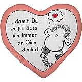 Sheepworld Plüschkissen Motiv Denke | Plüschkissen in Herzform, 30 cm x 25 cm, Mehrfarbig, 100% Polyester | Geschenk, Liebe, Valentinstag | 48183
