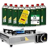 STAHLMANN® Gaskocher inkl. 8 Kartuschen - Campingkocher mit Piezozündung - Camping Gaskocher stufenlos regulierbar - Gaskocher Camping 1-Flammig