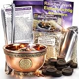 Räucher-Set 8-TLG Starter-Set HAUSREINIGUNG & SCHUTZRÄUCHERUNG Räucherschale Kupfer mit Räuchermischung, Räucherzange, Räucherkohle, Anleitung, Lexikon, Täschchen 3711-ZHR