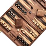 Lingle 36,83 cm Premium Natur-Walnuss Falt-Backgammon-Set, Enthält 30 Kunsthorn-Damen, 2 Walnuss-Würfelbecher und 5 Holz-Würfel. Klassisches Zwei-Spieler-Strategiebrett