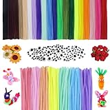 LLMtn 400 Stück 27Farben 300 Chenilledraht,100 wackelaugen selbstklebend,Pfeifenputzer Bunt zum Basteln,Macaron Farbe Pfeifenreiniger Bunt zum Basteln,Pipe Cleaner kulleraugen selbstklebend