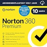 Norton 360 Premium 2025, Premium + Utilities Ultimate,10 Geräte, Antivirus, Secure VPN, 1-Jahres-Abonnement, PC,Mac,Android,iOS, Aktivierungscode per Email