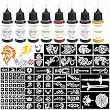 PFARRER Temporäre Kit 8 Flaschen Farbe temporäre Tinte, 105 Pcs Schablonen Kit für Farbe DIY gefälschte Tattoos (schwarz, rot, grün, blau, gelb, lila, braun, orange) ZYH2309001KIT