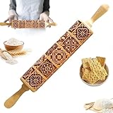 Backrolle aus Holz, 3D Präge Nudelholz, Holz Nudelhölzer mit Muster 3D, Präge Nudelholz Backzubehör, Nudelholz mit Metallachse, für Fondant Teig Pizza Amygline Keks