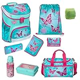 Familando Mädchen Schulranzen 1. Klasse · Scooli Campus Fit Schultasche · ergonomisch & leicht · Kinder Schulranzen Set für Mädchen (9-teilig mit Sporttasche, Butterfly Türkis)