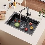 Spülbecken Schwarz Anthrazit 68 x 43 cm, Auralum Einbauspüle mit Schüssel Edelstahl, Küchenspüle Edelstahl Eckig mit Siphon & Über, Spüle Küche 1 Becken