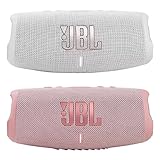 JBL Charge 5 – Wasserdichter tragbarer Bluetooth-Lautsprecher – Weiß/Rosa (Paar)