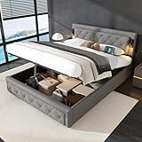 Kayan Boxspringbett 160x200 cm, Polsterbett mit hydraulisches Bettkasten, Bett mit Lattenrost, Leselicht mit USB Ladefunktion Kopfteil, Stauraumbett Doppelbett Jugendbett, Leinen Grau (160x200 cm)