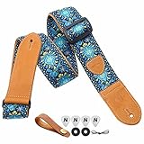 Nefelibata Gitarrengurt,2 'Doppelte Lederenden,Vintage Woven W/FREE BONUS-4 Picks+Strap Locks+Strap Button,Bestes Geschenk für Bass,Elektro&Akustik Gitarren für Gitarre(Vintage blau gelb Stickerei)