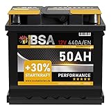 BSA Autobatterie 12V 50AH 440A/EN Starterbatterie Batterie ersetzt 44Ah 45Ah 47Ah 50Ah 40Ah mit PKW