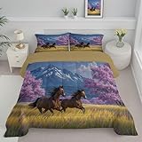 SMBHIAON Bettdecke 240X220 cm - Grasland Galoppierende Pferde Wende Steppdecke,Graslandschaft 4 Jahreszeiten Bettdecken Ohne Bezug Waschbar,Hellgelb Warme Winterdecke, Ganzjahresdecke