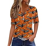 Halloween Shirt Damen,T Shirt Damen V Ausschnitt,Damen Halloween Kürbis Gedruckt T Shirt Halloween Kurzarm-Shirt Damen V-Neck Button Up Damen Festliche lässige Tops,Orange,XXL