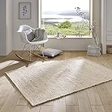 Taracarpet Handweb-Teppich Malmoe Wolle im Skandinavischem Landhaus Design Wohnzimmer Esszimmer Schlafzimmer Flur Läufer beidseitig verwendbar beige 120x170 cm