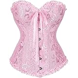 Sxybox Damen Korsett Bauchweg Vollbrust Corsage Wäsche schnürt Sich Oben Satin ohne Knochen mit G-String,Rosa,S