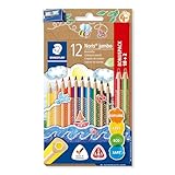 STAEDTLER Buntstift Noris jumbo, erhöhte Bruchfestigkeit, Dreikantform, ABS-System, attraktive Sternchenprägung, Bonuspack mit 12 brillanten Farben und einem Spitzer, 128 NC12P1