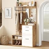 NADEUSAK Garderoben-Set mit Spiegel 100x38.5x190cm, Schuhbank Schrank Flur, Weiß Holzfarbe