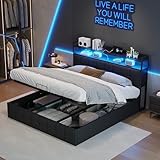 KeepGoon Doppelbett mit Stauraum 140 x 190 cm, Polsterbett mit Lattenrost, LED Kopfteil mit USB-Funktion, Funktionsbett, PU Schwarz, Luftdruckstange