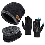 OOPOR Kinder Wintermütze Schal Touchscreen Handschuhe Set - Beanie Strickmütze Winterschal Thermo Fleecefutter Warme Knit Hut Loop Rutschfeste für Junge Mädch 5-10 Jahre