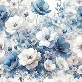 Livelynine Selbstklebende Tapete Blumen Blau Weiß Tapete Selbstklebend Blumenmuster Aquarell Wandtapete Selbstklebend Schlafzimmer Wohnzimmer Bad Klebefolie Möbel Blumen Tapeten Floral Weiß 44.5CMx2M