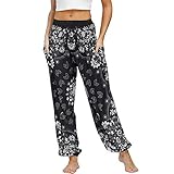 Nuofengkudu Frau Hippie Harems Hose Pumphose Haremshose Aladdinhosen Boho Gemustert Gesmockte Taille mit Taschen Yogahose Freizeithose Sommerhose Strandhose(Einheitsgröße,Y-Retro Blumen)