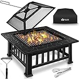 tillvex Feuerschale mit Funkenschutz & Grillrost | Feuerstelle Outdoor für den Garten | 3 in 1 BBQ Grill mit Abdeckung, Schürhaken, Zange & Kohlerost (Schwarz (Vierkant))