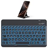OMOTON Bluetooth Tastatur für iOS/Android/Windows mit Telefonhalter, iPad Tastatur mit Hintergrundbeleuchtung, Wiederaufladbar, QWERTZ, Vergrößerte Tastenkappen, Tragbare Kabellose, Ultra-dünn