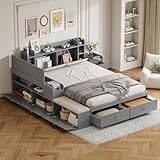 Generisch Massivholz-Stauraumbett 140x200cm, Kopfteil mit eingebautem Staufach, mit Schubladen, mit Nachttisch, mit Stauraum-Langschrank, mit Sofabank, Doppelbett Tatamibett, Grau