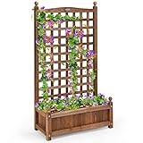 COSTWAY Blumenkasten mit Rankgitter, Pflanzkasten Holz für Kletterpflanzen, Hochbeet mit Spalier, Gartenspalier Rankkasten mit Drainagelöchern, für Garten Hof Balkon, 64,5 x 28 x 120 cm, Braun
