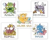 PICTALOO Lustige Mülltonnenaufkleber Monster, 10er Set Aufkleber Mülltrennung, Mülltonen Aufkleber Abfalltrennung auch für Kinder nach Biomüll, Altpapier, Gelber Sack, Rest Müll & Glas, Müllaufkleber