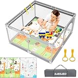 DJEDJEO Laufstall Baby 120x120cm, Laufstall Baby mit Matratze, Baby Laufstall mit Reißverschlusstür, Oxford Tuch Playpen mit Atmungsaktivem Mesh und Spielmatte, Rutschfeste Basis Laufstall Baby