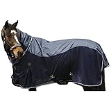 EQUITHÈME - Regen- & Fliegendecke mit Halsteil 420D | Pferdedecke mit Mesh, Kreuzgurten, Beinschnüren & Schweiflatz | wasserdichte Regendecke in Marineblau | Outdoordecke für Pferde | 145cm
